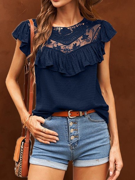 Women's Blouses Lace Panel Ruffle Crew Neck Blouse - Blouses - Instastyled | Online Fashion Free Shipping Clothing, Dresses, Tops, Shoes - 22/01/2022 - 30-40 - BLO2201221560