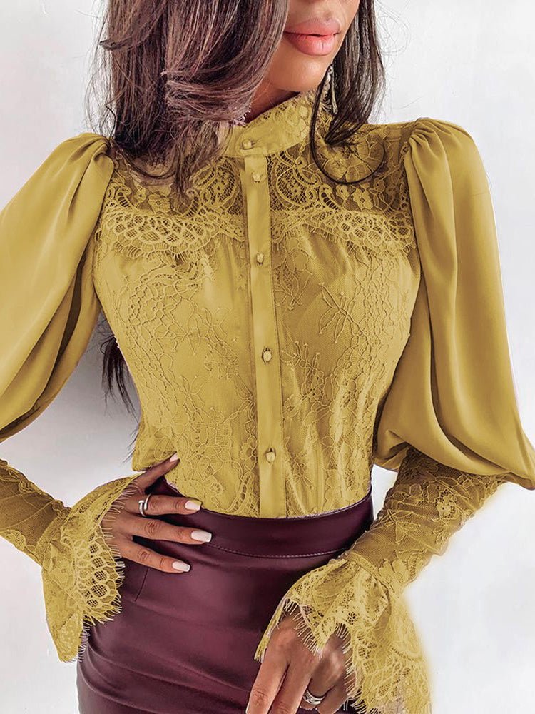 Women's Blouses Lace Panel Stand Collar Flare Sleeves Blouse - Blouses - Instastyled | Online Fashion Free Shipping Clothing, Dresses, Tops, Shoes - 14/02/2022 - 30-40 - BLO2202141572