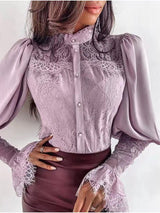 Women's Blouses Lace Panel Stand Collar Flare Sleeves Blouse - Blouses - Instastyled | Online Fashion Free Shipping Clothing, Dresses, Tops, Shoes - 14/02/2022 - 30-40 - BLO2202141572