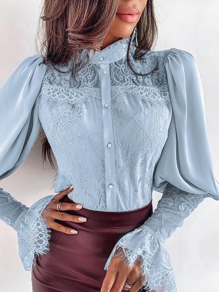 Women's Blouses Lace Panel Stand Collar Flare Sleeves Blouse - Blouses - Instastyled | Online Fashion Free Shipping Clothing, Dresses, Tops, Shoes - 14/02/2022 - 30-40 - BLO2202141572