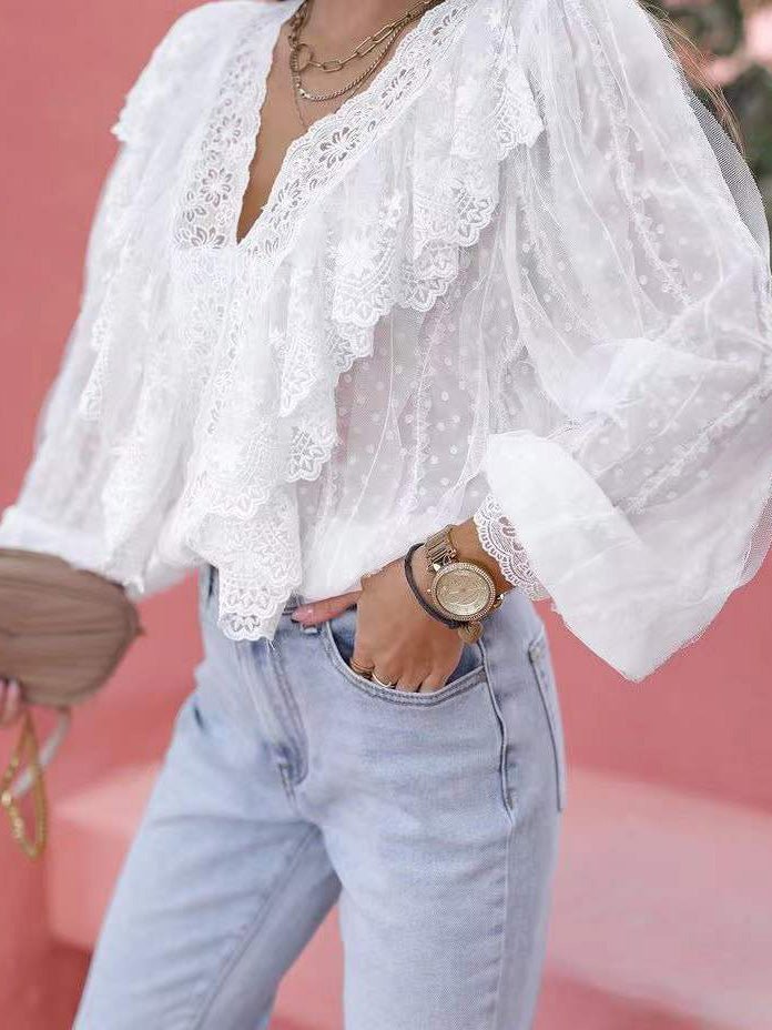 Women's Blouses Lace V-Neck Panel Ruffle Long Sleeve Blouse - Blouses - Instastyled | Online Fashion Free Shipping Clothing, Dresses, Tops, Shoes - 21/02/2022 - 30-40 - BLO2202211586