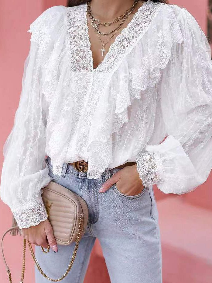 Women's Blouses Lace V-Neck Panel Ruffle Long Sleeve Blouse - Blouses - Instastyled | Online Fashion Free Shipping Clothing, Dresses, Tops, Shoes - 21/02/2022 - 30-40 - BLO2202211586