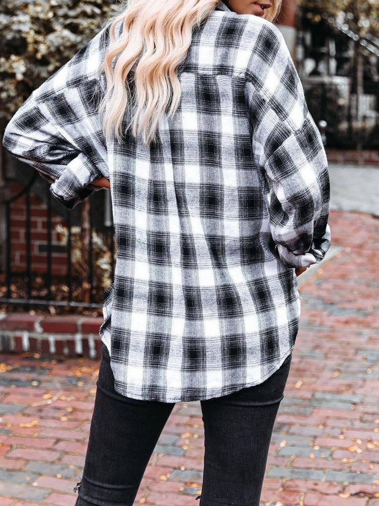 Women's Blouses Lapel Black And White Plaid Long Sleeve Blouse - Blouses - Instastyled | Online Fashion Free Shipping Clothing, Dresses, Tops, Shoes - 03/12/2021 - 30-40 - BLO2112031460