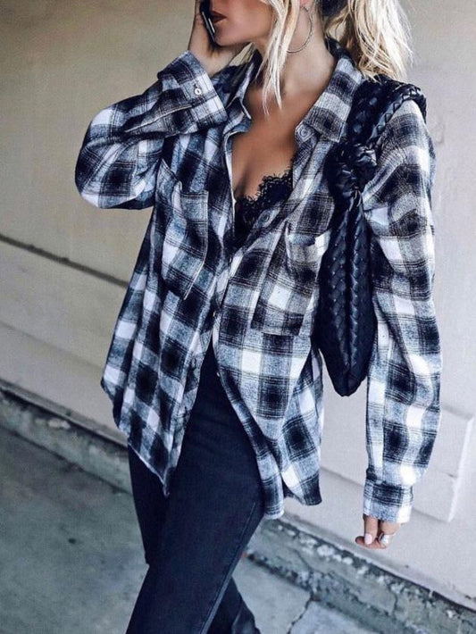 Women's Blouses Lapel Black And White Plaid Long Sleeve Blouse - Blouses - Instastyled | Online Fashion Free Shipping Clothing, Dresses, Tops, Shoes - 03/12/2021 - 30-40 - BLO2112031460