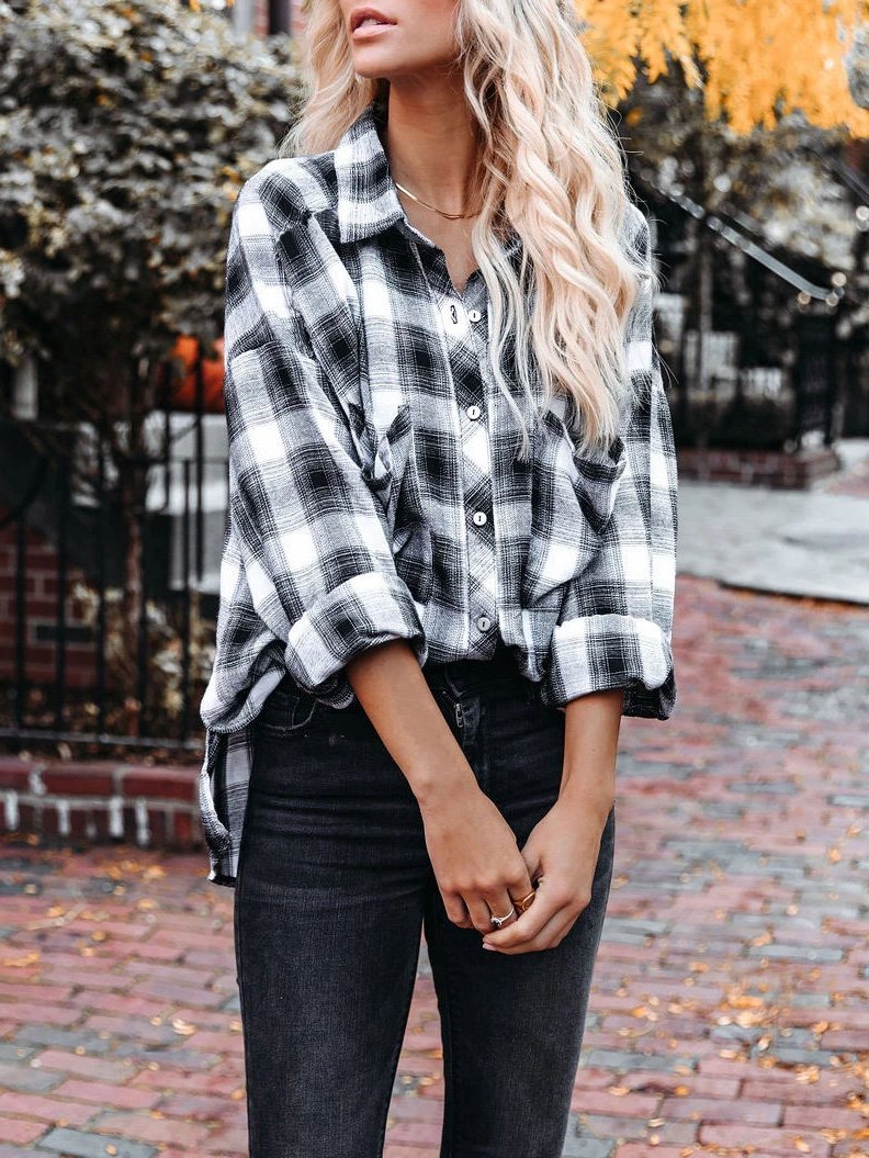 Women's Blouses Lapel Black And White Plaid Long Sleeve Blouse - Blouses - Instastyled | Online Fashion Free Shipping Clothing, Dresses, Tops, Shoes - 03/12/2021 - 30-40 - BLO2112031460