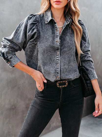 Women's Blouses Lapel Button Long Sleeve Denim Blouse - Blouses - Instastyled | Online Fashion Free Shipping Clothing, Dresses, Tops, Shoes - 26/09/2022 - BLO2209261885 - Blouses