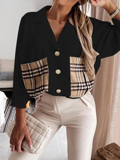 Women's Blouses Lapel Plaid Stitching Pocket Long Sleeve Blouse - Blouses - Instastyled | Online Fashion Free Shipping Clothing, Dresses, Tops, Shoes - 24/12/2021 - 30-40 - BLO2112241504