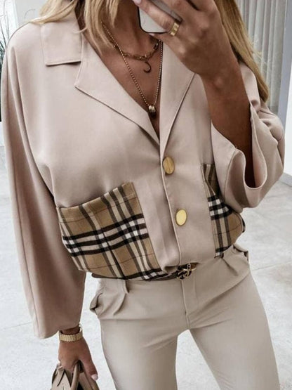 Women's Blouses Lapel Plaid Stitching Pocket Long Sleeve Blouse - Blouses - Instastyled | Online Fashion Free Shipping Clothing, Dresses, Tops, Shoes - 24/12/2021 - 30-40 - BLO2112241504