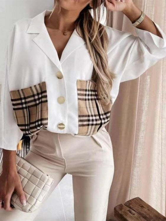 Women's Blouses Lapel Plaid Stitching Pocket Long Sleeve Blouse - Blouses - Instastyled | Online Fashion Free Shipping Clothing, Dresses, Tops, Shoes - 24/12/2021 - 30-40 - BLO2112241504