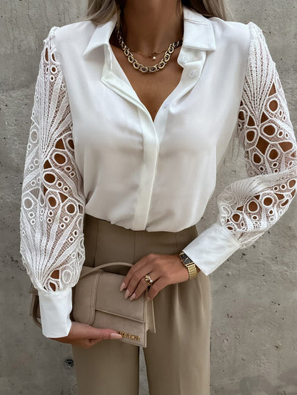 Women's Blouses Lapel Solid Lace Long Sleeve Blouse - Blouses - Instastyled | Online Fashion Free Shipping Clothing, Dresses, Tops, Shoes - 08/03/2022 - 30-40 - BLO2203081615