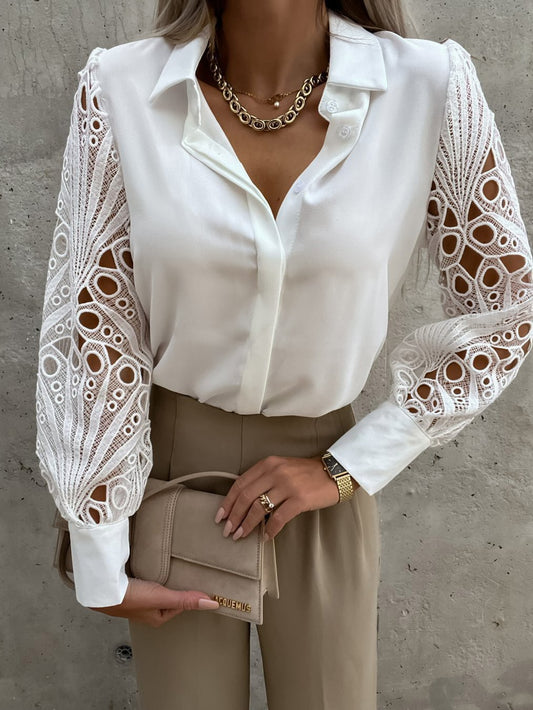 Women's Blouses Lapel Solid Lace Long Sleeve Blouse - Blouses - Instastyled | Online Fashion Free Shipping Clothing, Dresses, Tops, Shoes - 08/03/2022 - 30-40 - BLO2203081615