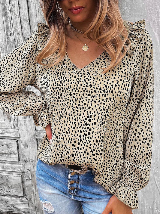 Women's Blouses Leopard Print V-Neck Ruffled Long Sleeves Blouse - Blouses - Instastyled | Online Fashion Free Shipping Clothing, Dresses, Tops, Shoes - 08/12/2021 - 30-40 - BLO2112091471