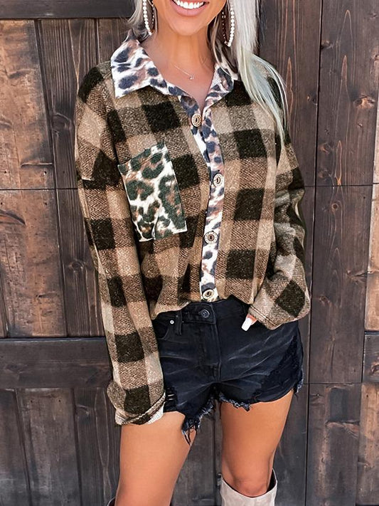 Women's Blouses Leopard Stitching Plaid Pocket Long Sleeve Blouse - Blouses - Instastyled | Online Fashion Free Shipping Clothing, Dresses, Tops, Shoes - 09/12/2021 - 30-40 - BLO2112091475