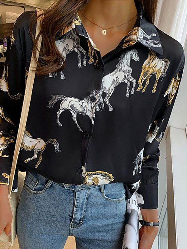 Women's Blouses Long Sleeve Lapel Animal Printed Blouse - MsDressly