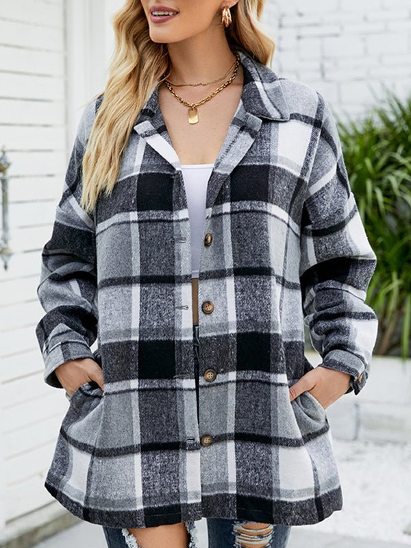 Blouses - Long Sleeve Plaid Wool Medium Long Blouse - MsDressly