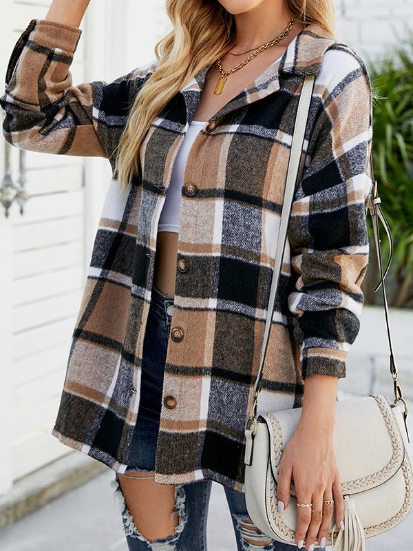 Blouses - Long Sleeve Plaid Wool Medium Long Blouse - MsDressly