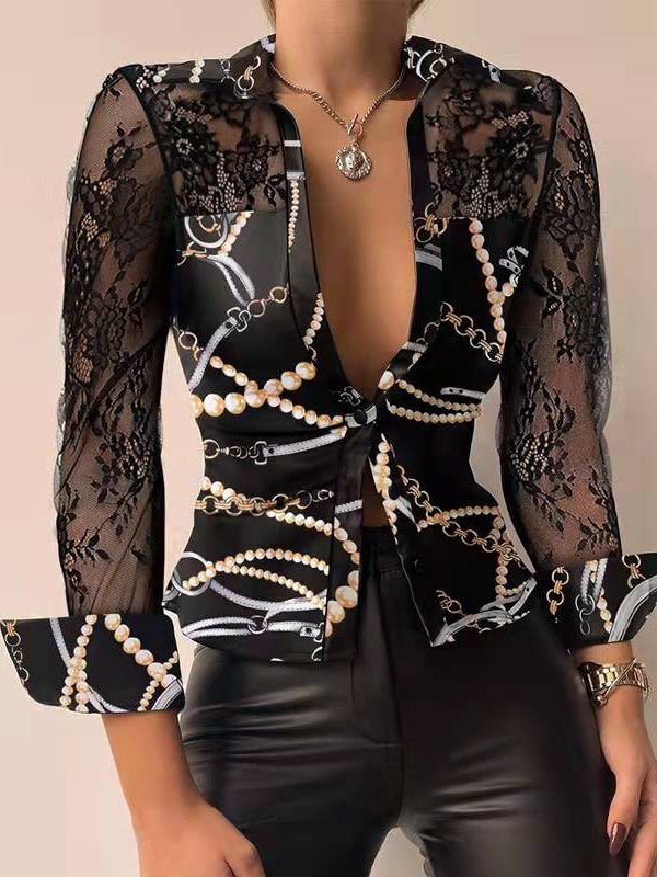 Women's Blouses Long Sleeves V Neck Printed Lace Blouse - MsDressly