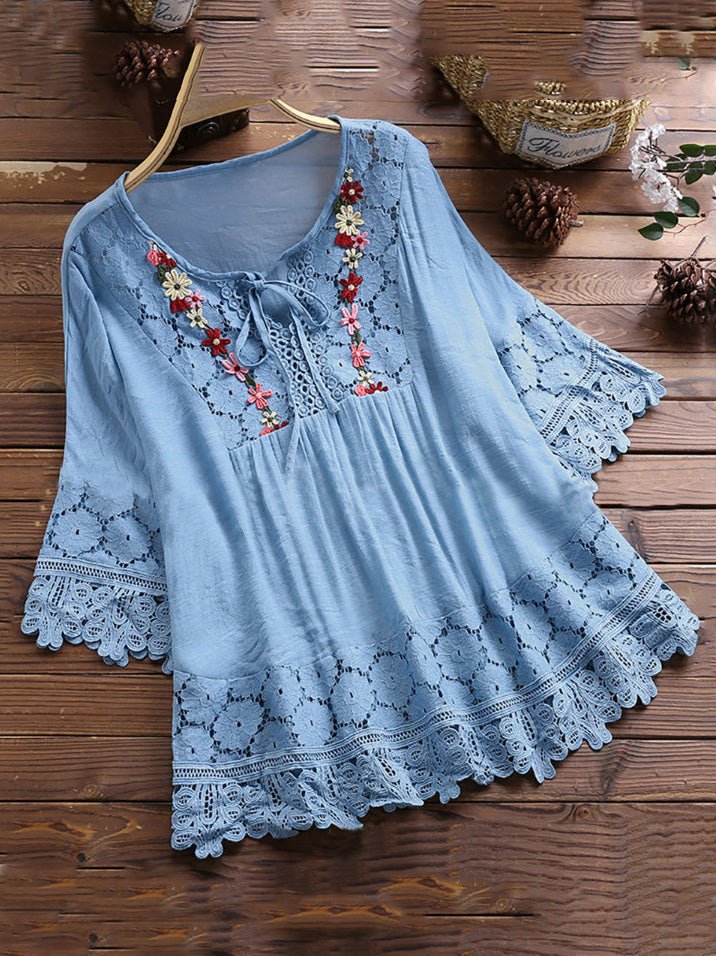 Women's Blouses Loose Belted Lace 3/4 Sleeves Blouse - Blouses - Instastyled | Online Fashion Free Shipping Clothing, Dresses, Tops, Shoes - 25/02/2022 - 30-40 - BLO2202251600