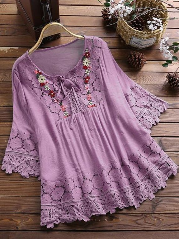 Women's Blouses Loose Belted Lace 3/4 Sleeves Blouse - Blouses - Instastyled | Online Fashion Free Shipping Clothing, Dresses, Tops, Shoes - 25/02/2022 - 30-40 - BLO2202251600