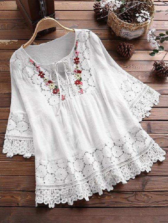 Women's Blouses Loose Belted Lace 3/4 Sleeves Blouse - Blouses - Instastyled | Online Fashion Free Shipping Clothing, Dresses, Tops, Shoes - 25/02/2022 - 30-40 - BLO2202251600