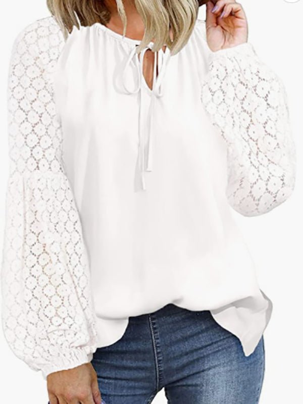 Blouses - Loose Crew Neck Tie Lace Long Sleeve Blouse - MsDressly