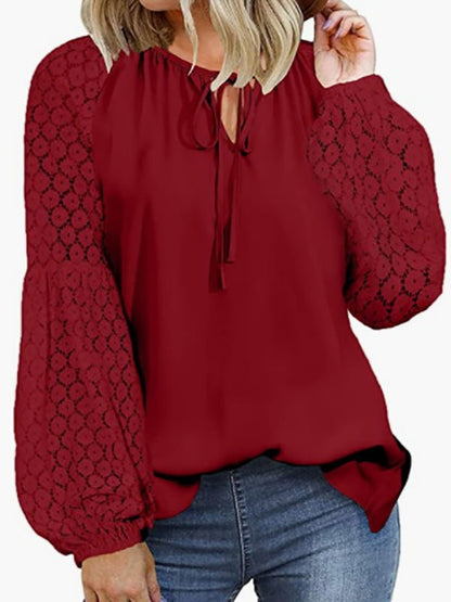 Blouses - Loose Crew Neck Tie Lace Long Sleeve Blouse - MsDressly