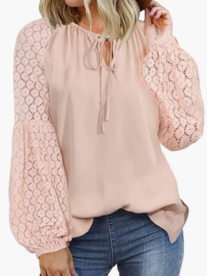 Blouses - Loose Crew Neck Tie Lace Long Sleeve Blouse - MsDressly