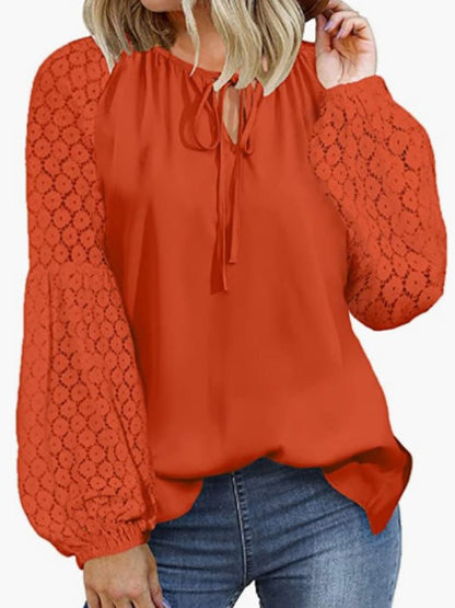 Blouses - Loose Crew Neck Tie Lace Long Sleeve Blouse - MsDressly