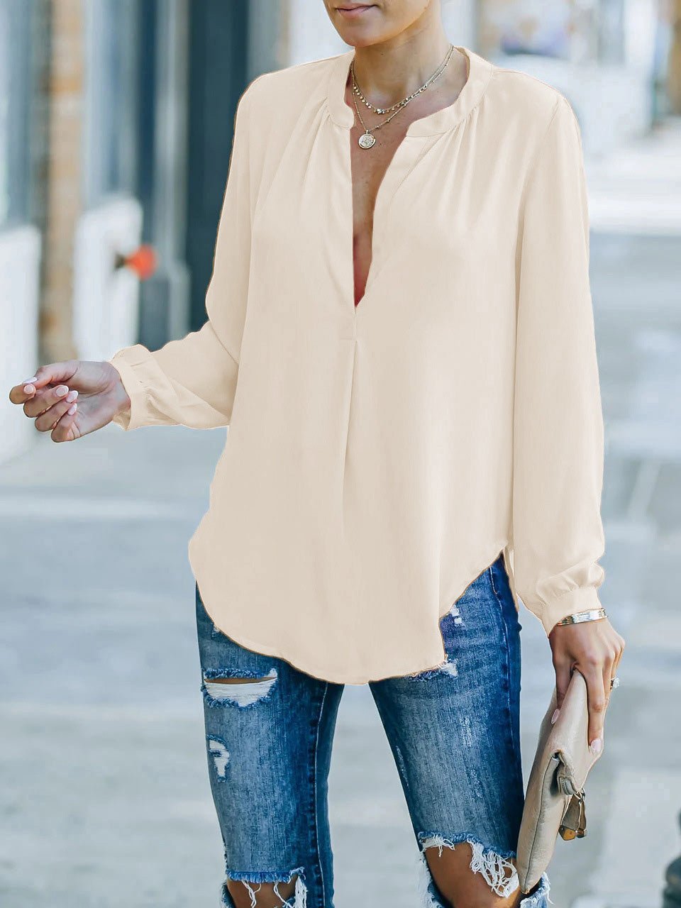 Women's Blouses Loose Solid V-Neck Long Sleeve Blouse - Blouses - Instastyled | Online Fashion Free Shipping Clothing, Dresses, Tops, Shoes - 17/08/2022 - 20-30 - BLO2208171832