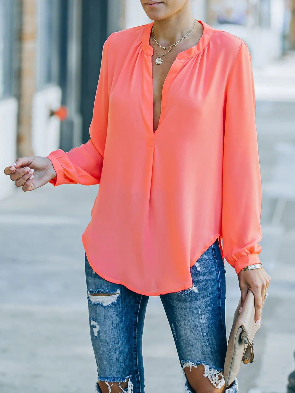 Women's Blouses Loose Solid V-Neck Long Sleeve Blouse - Blouses - Instastyled | Online Fashion Free Shipping Clothing, Dresses, Tops, Shoes - 17/08/2022 - 20-30 - BLO2208171832