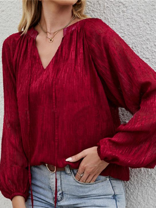 Women's Blouses Loose Solid V-Neck Long Sleeve Blouse - Blouses - Instastyled | Online Fashion Free Shipping Clothing, Dresses, Tops, Shoes - 15/12/2021 - BLO2112151487 - Blouses