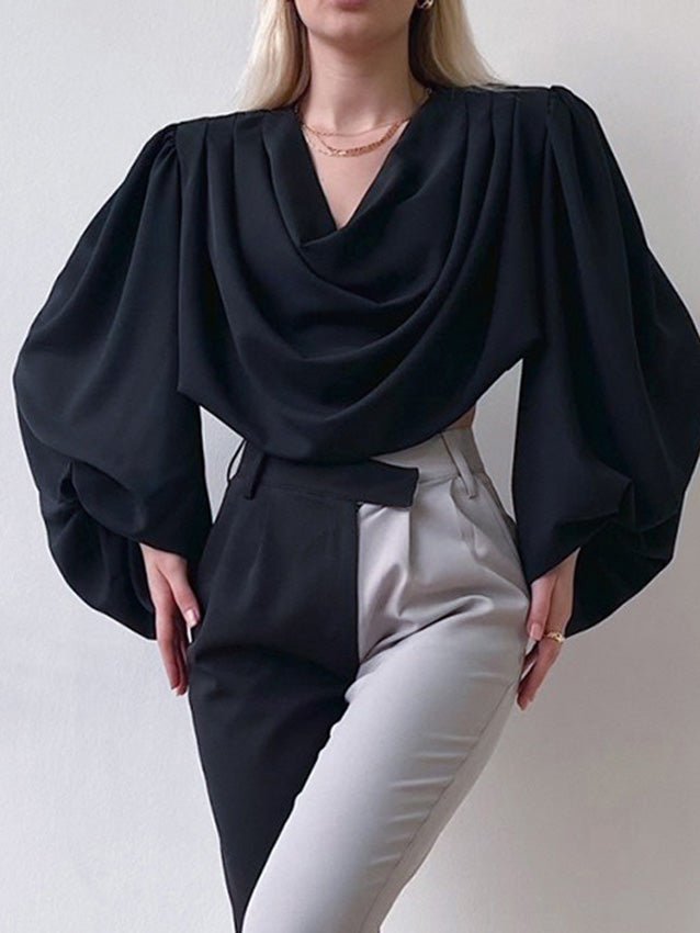 Women's Blouses Pile Neck Satin Long Sleeve Blouse - Blouses - Instastyled | Online Fashion Free Shipping Clothing, Dresses, Tops, Shoes - 14/02/2022 - 40-50 - BLO2202141574