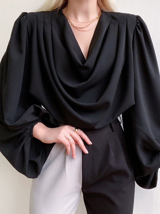 Women's Blouses Pile Neck Satin Long Sleeve Blouse - Blouses - Instastyled | Online Fashion Free Shipping Clothing, Dresses, Tops, Shoes - 14/02/2022 - 40-50 - BLO2202141574