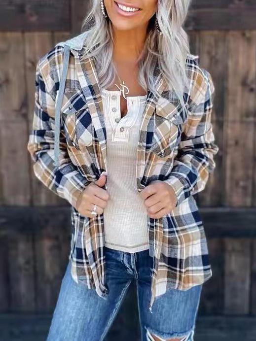 Women's Blouses Plaid Detachable Hat Pocket Long Sleeve Blouse - MsDressly