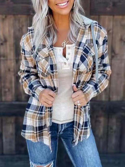 Women's Blouses Plaid Detachable Hat Pocket Long Sleeve Blouse - MsDressly