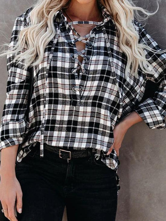 Women's Blouses Plaid Half-Placketed Belted Lapel Comfortable Blouses - Blouses - INS | Online Fashion Free Shipping Clothing, Dresses, Tops, Shoes - 09/08/2021 - 20-30 - BLO2108101300