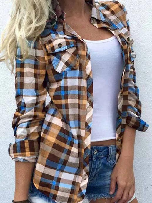 Women's Blouses Plaid Pocket Long Sleeve Stand Collar Blouses - Blouses - INS | Online Fashion Free Shipping Clothing, Dresses, Tops, Shoes - 20-30 - 26/09/2021 - BLO2109261339