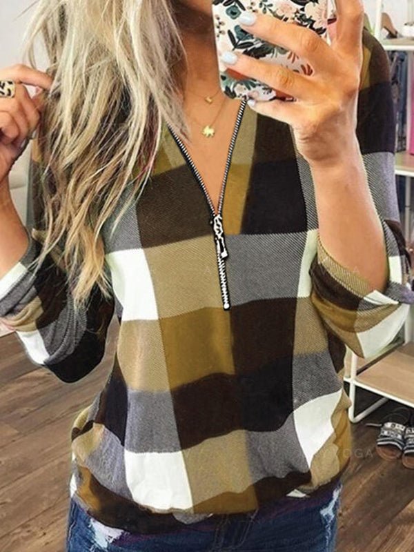 Women's Blouses Plaid Print V Neck Zip Long Sleeve Blouse - Blouses - Instastyled | Online Fashion Free Shipping Clothing, Dresses, Tops, Shoes - 13/1/2023 - 20-30 - BLO2301130007