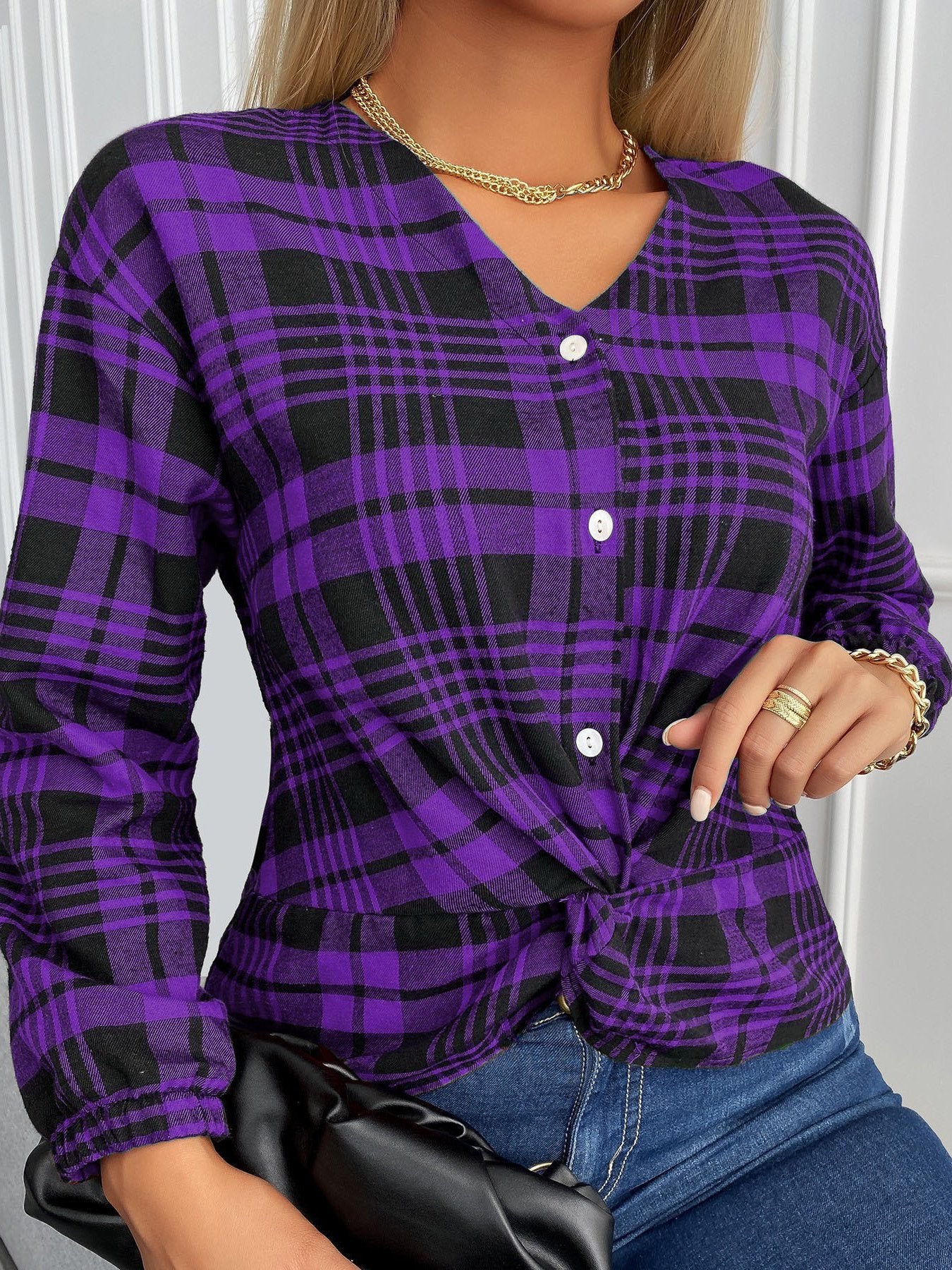 Women's Blouses Plaid V-Neck Buttons Knotted Long Sleeves Blouse - Blouses - INS | Online Fashion Free Shipping Clothing, Dresses, Tops, Shoes - 04/11/2021 - 20-30 - BLO2111041408