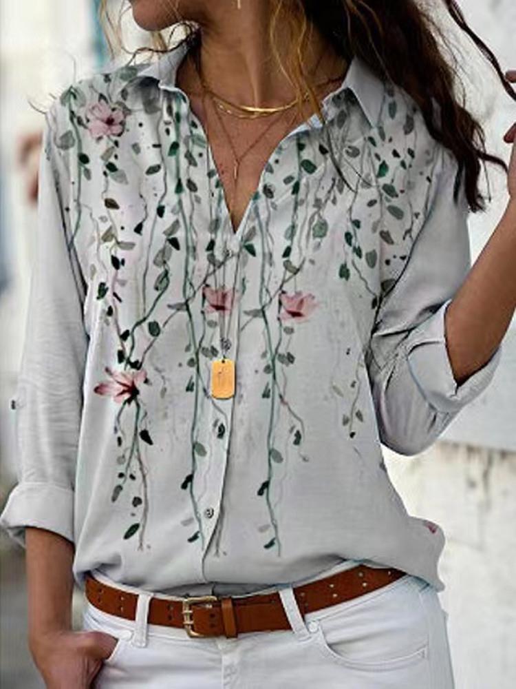 Women's Blouses Plant Print Lapel Long Sleeve Blouse - Blouses - INS | Online Fashion Free Shipping Clothing, Dresses, Tops, Shoes - 24/11/2021 - BLO2111241455 - Blouses