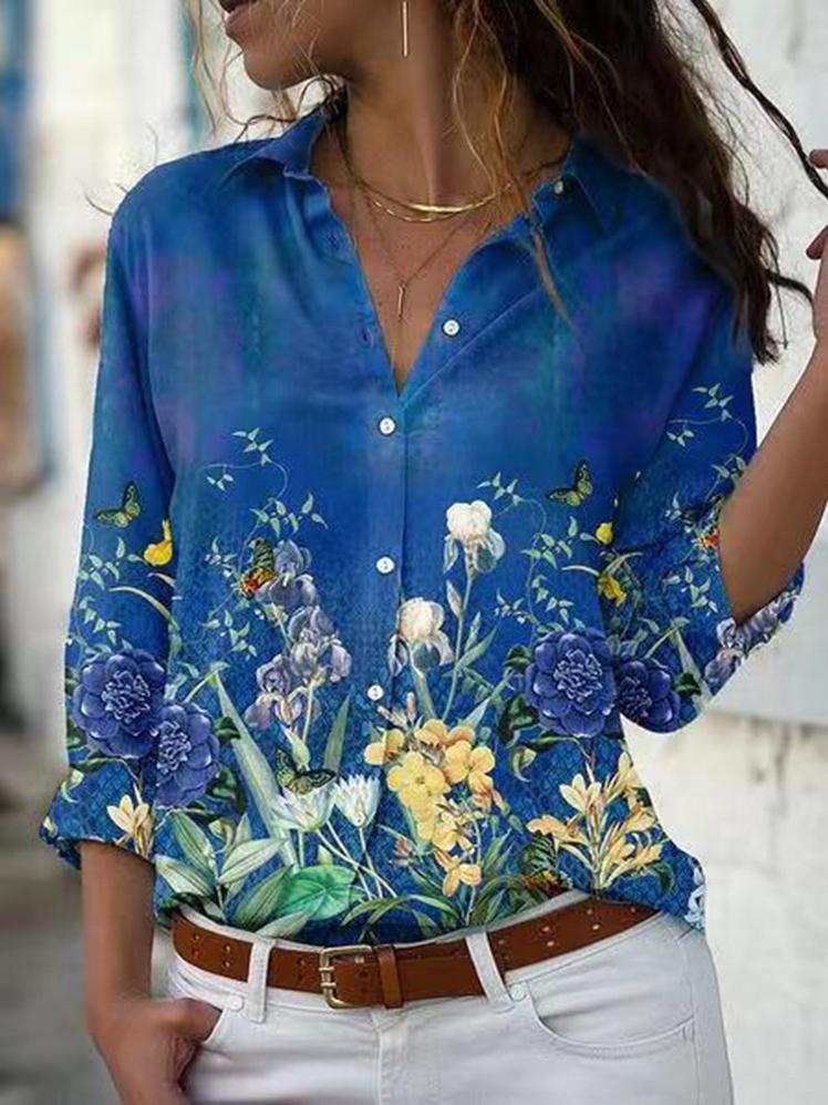 Women's Blouses Plant Print Lapel Long Sleeve Blouse - Blouses - INS | Online Fashion Free Shipping Clothing, Dresses, Tops, Shoes - 24/11/2021 - BLO2111241455 - Blouses