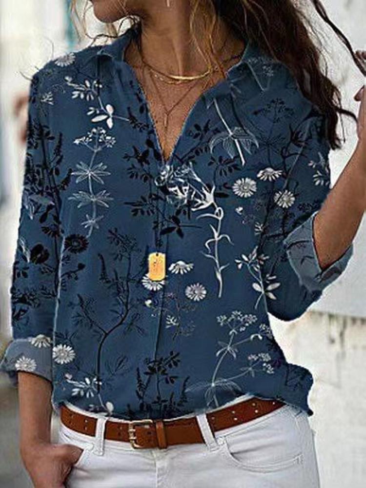 Women's Blouses Plant Print Lapel Long Sleeve Blouse - Blouses - INS | Online Fashion Free Shipping Clothing, Dresses, Tops, Shoes - 24/11/2021 - BLO2111241455 - Blouses