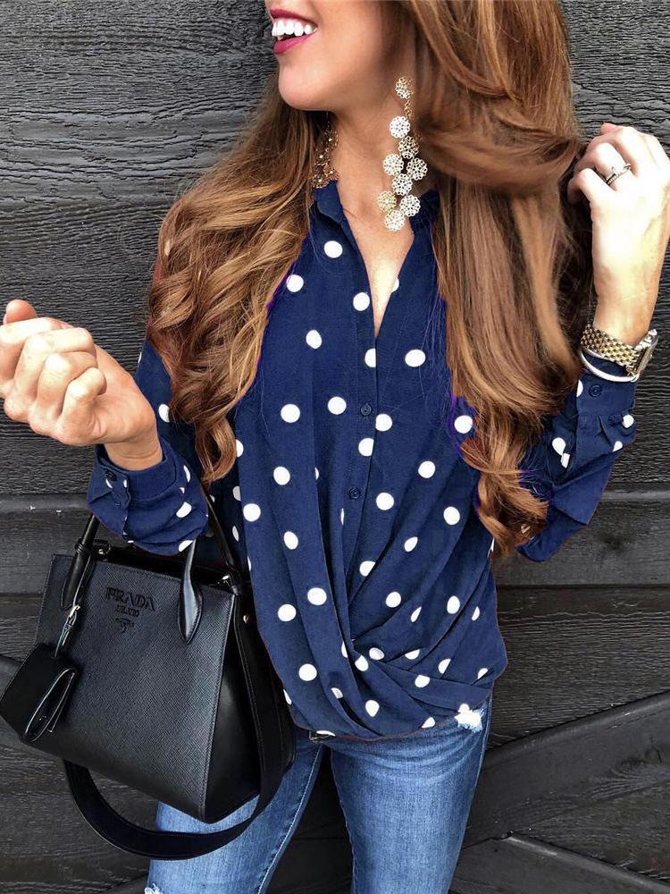 Women's Blouses Polka Dot Button Long Sleeve Blouse - MsDressly
