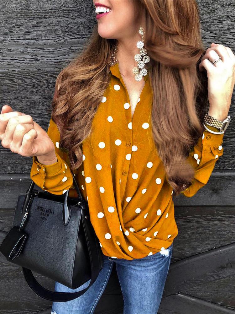 Women's Blouses Polka Dot Button Long Sleeve Blouse - MsDressly