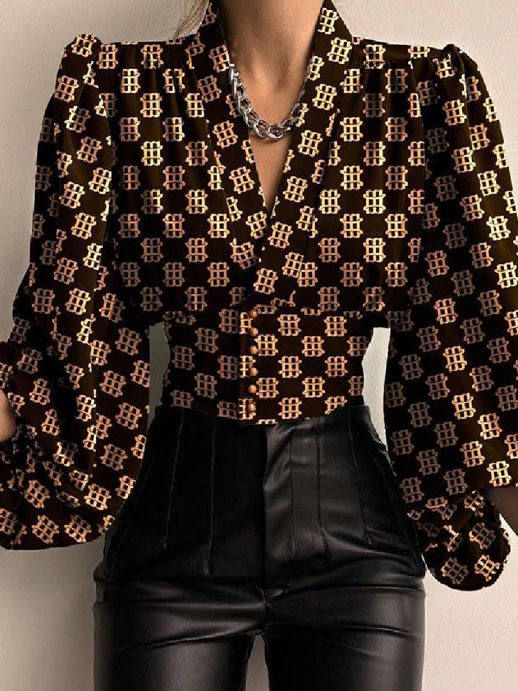 Women's Blouses Printed Button V-Neck Balloon Sleeve Blouse - Blouses - Instastyled | Online Fashion Free Shipping Clothing, Dresses, Tops, Shoes - 20-30 - 22/01/2022 - BLO2201221559