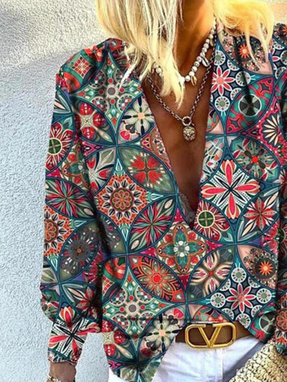 Women's Blouses Printed Deep V-Neck Long Sleeve Blouses - Blouses - INS | Online Fashion Free Shipping Clothing, Dresses, Tops, Shoes - 20-30 - 23/09/2021 - BLO2109241338