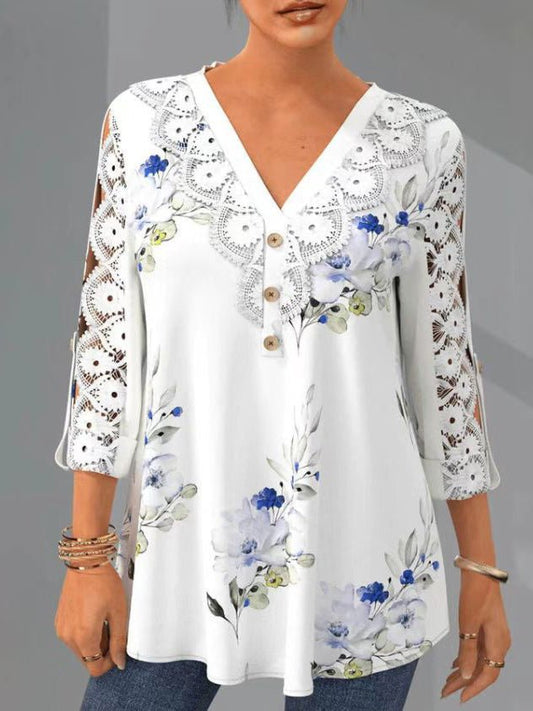 Women's Blouses Printed Lace V-Neck 3/4 Sleeves Blouse - Blouses - Instastyled | Online Fashion Free Shipping Clothing, Dresses, Tops, Shoes - 11/05/2022 - 30-40 - BLO2205111696