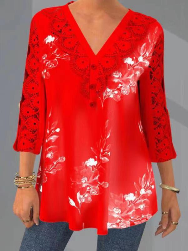 Women's Blouses Printed Lace V-Neck 3/4 Sleeves Blouse - Blouses - Instastyled | Online Fashion Free Shipping Clothing, Dresses, Tops, Shoes - 11/05/2022 - 30-40 - BLO2205111696