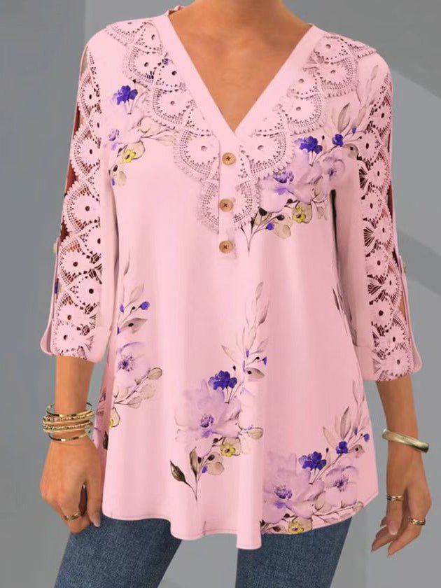 Women's Blouses Printed Lace V-Neck 3/4 Sleeves Blouse - Blouses - Instastyled | Online Fashion Free Shipping Clothing, Dresses, Tops, Shoes - 11/05/2022 - 30-40 - BLO2205111696