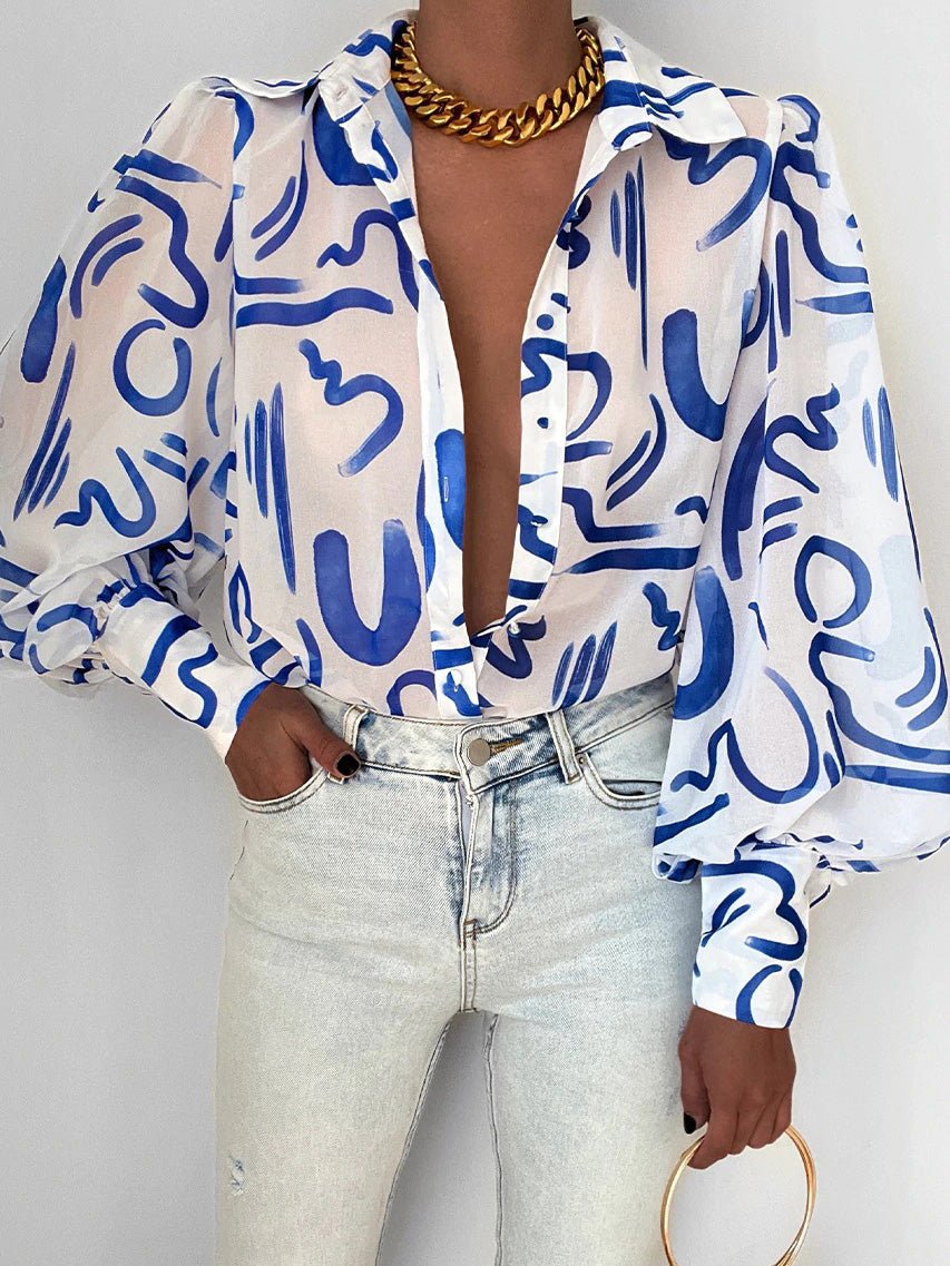 Women's Blouses Printed Lapel Balloon Sleeve Blouse - Blouses - Instastyled | Online Fashion Free Shipping Clothing, Dresses, Tops, Shoes - 16/08/2022 - 30-40 - BLO2208161830